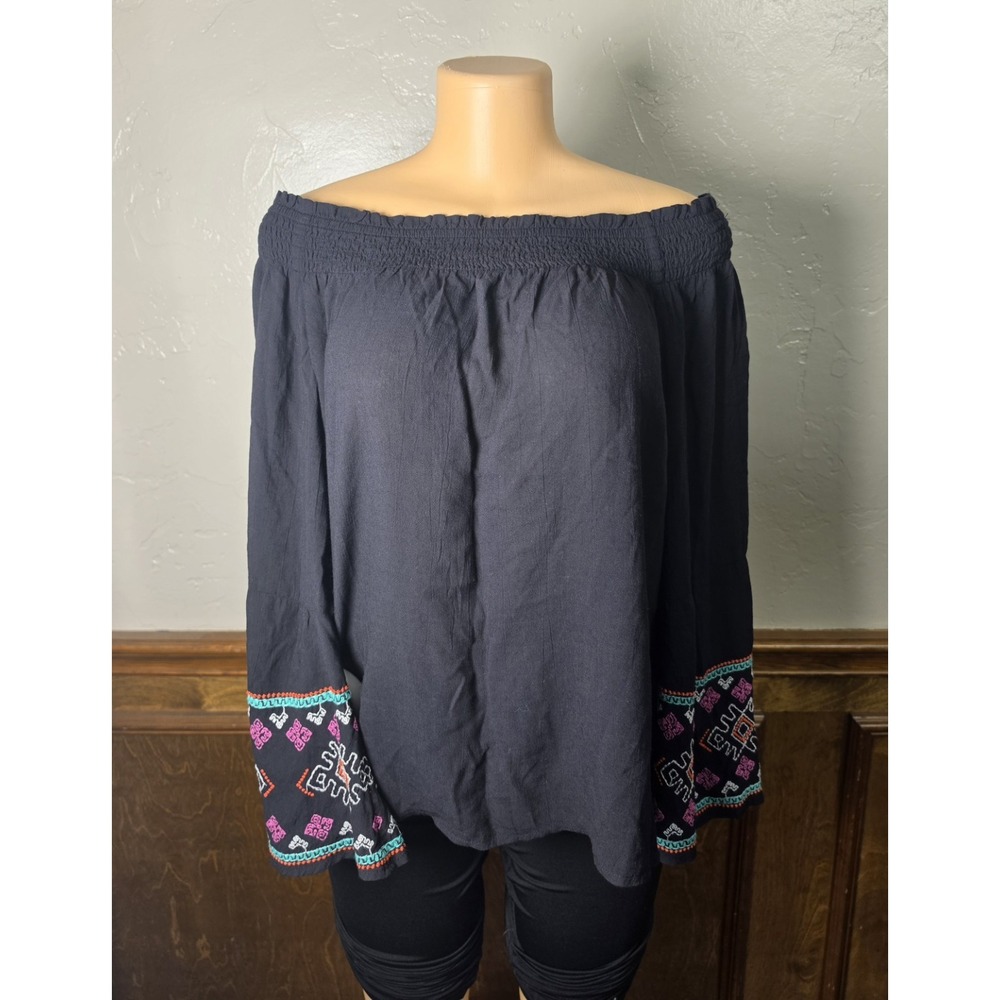 Wrangler Retro Off Shoulder Navy Long Sleeve Flowy Shirt with embroidered sleeve